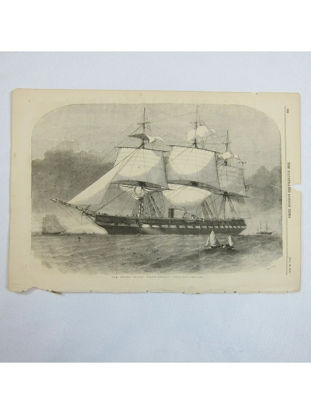 Antique 1856 Print The United States Steam Frigate Merrimack Naval Ship Seascape